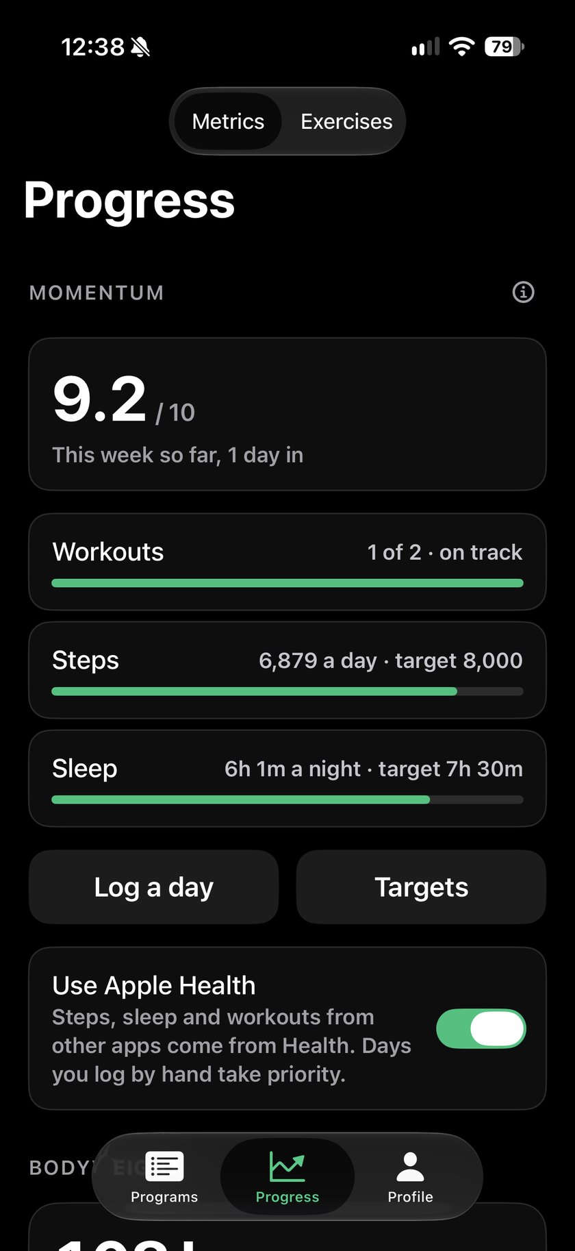 Momentum: 9.2 out of 10, from workouts, steps and sleep.