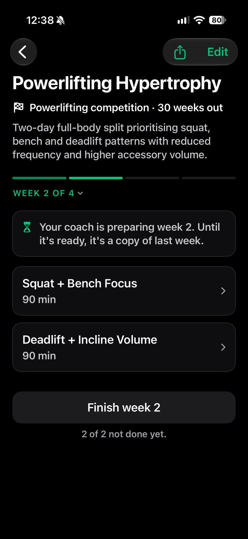 A program building towards a powerlifting competition, 30 weeks out.