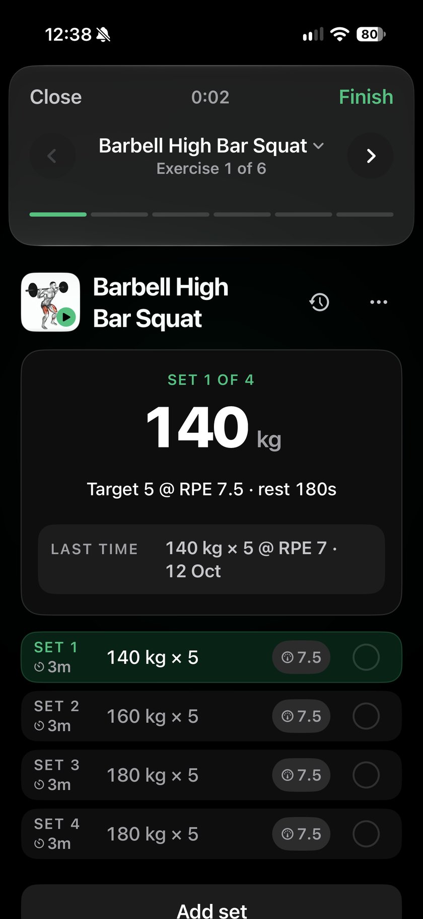 Logging a squat in Programr: set 1 of 4, 140 kg, with last time's set beside it.